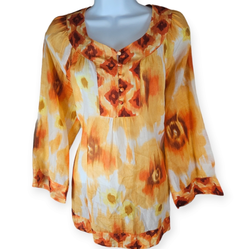 NWOT Talbots yellow white orange  cotton silk blouse top Womens Small